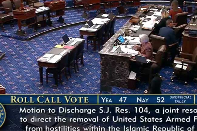 ට්රම්ප්ගේ යුද බලතල සීමා කිරීමට සෙනෙට් සභාව අසමත් වෙයි